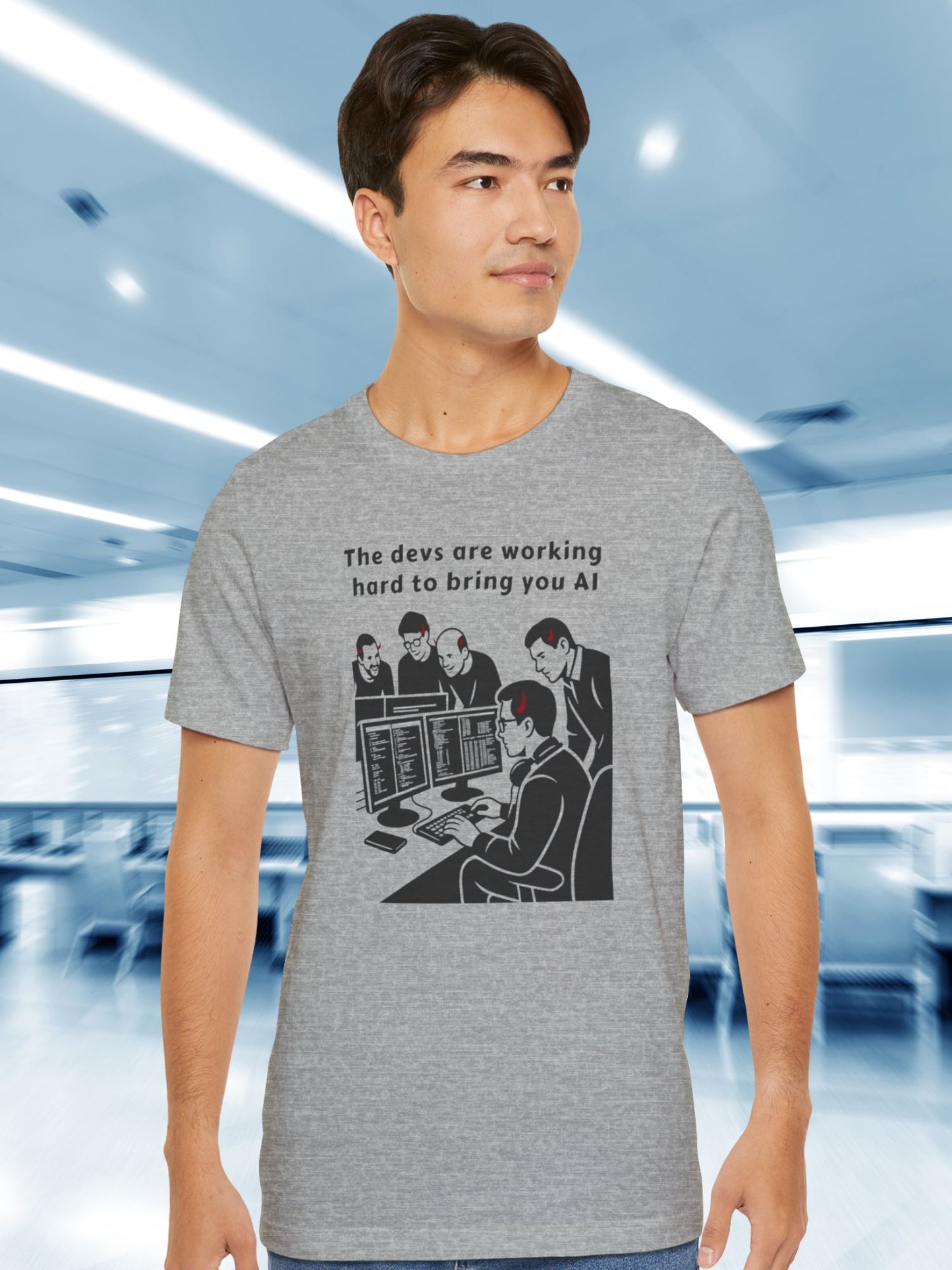 'The Devs are Working Hard to Bring You AI' Devils Programming Graphic Unisex T-Shirt