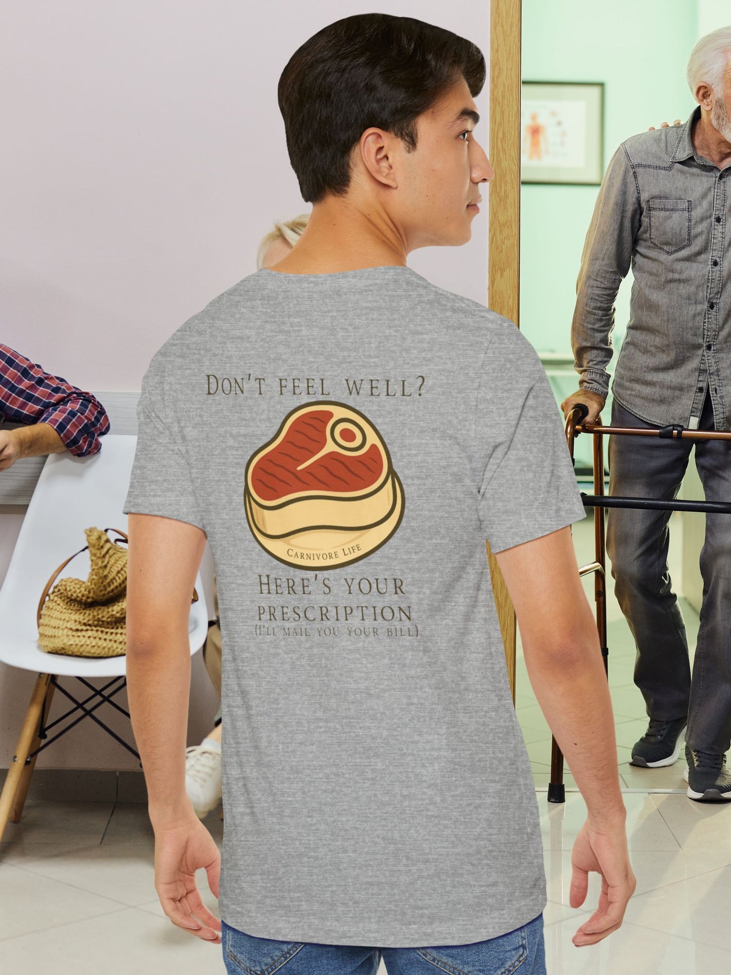 'Don't Feel Well?' Here is Your Prescription' with Meat Graphic, Carnivore Diet Apparel, Humours Food Tee