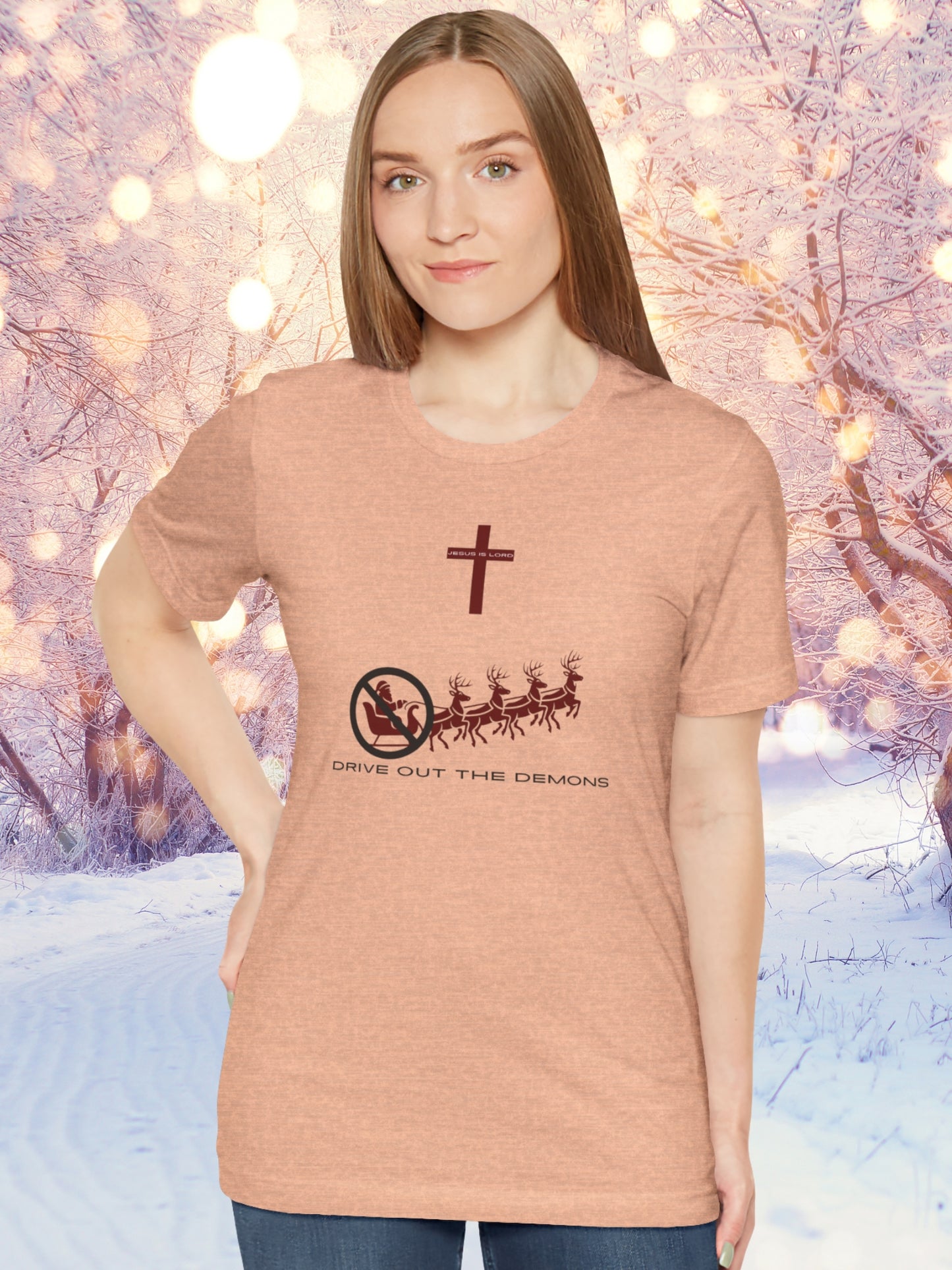 'Drive out the demons, Jesus is Lord' Anti-Santa Graphic Unisex T-Shirt, Christian Apparel, Christmas Tee