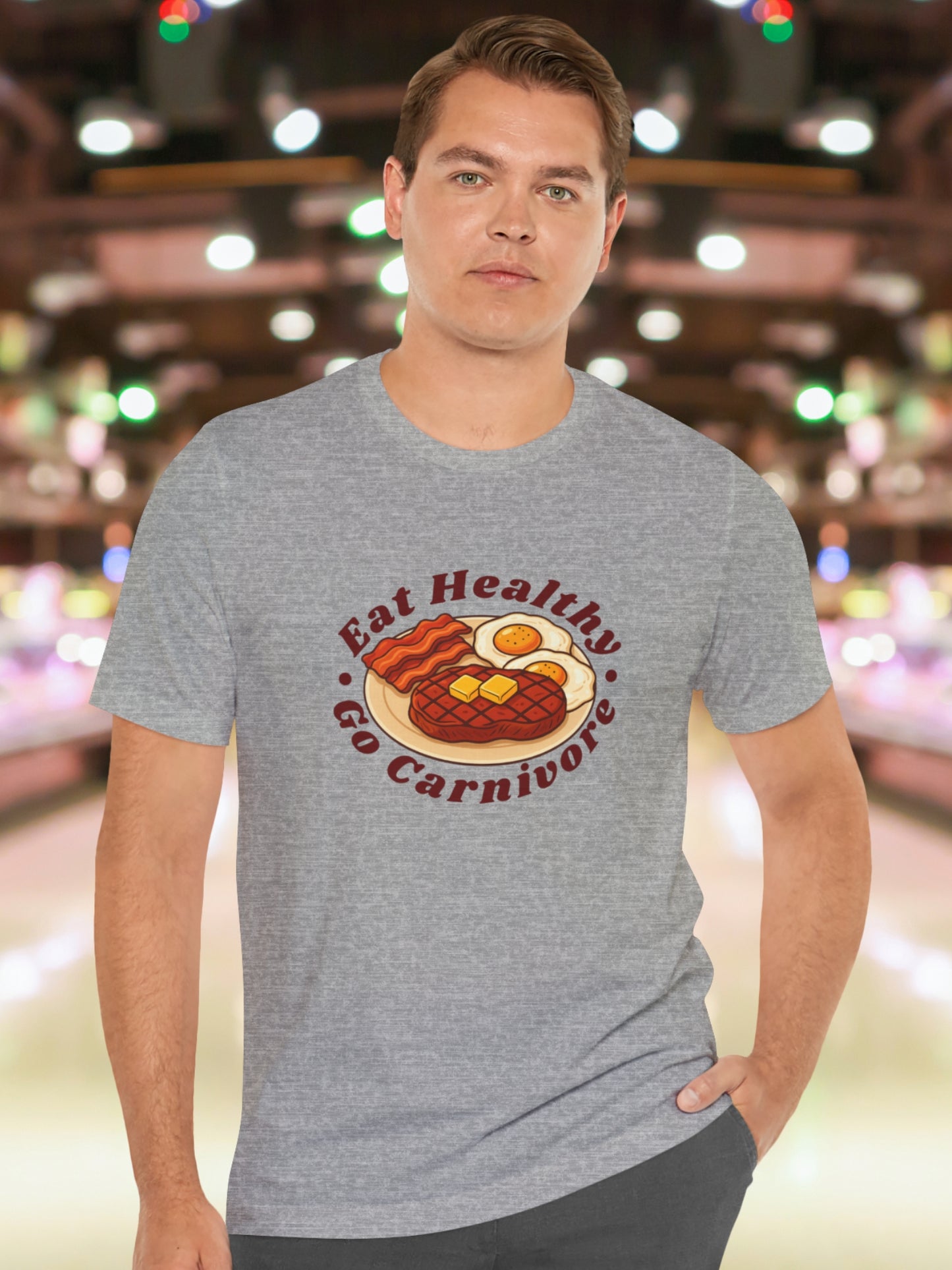 'Eat Healthy, Go Carnivore' Beef, Butter, Bacon and Eggs Graphic Unisex T-Shirt, Carnivore Diet Apparel, Health and Wellness