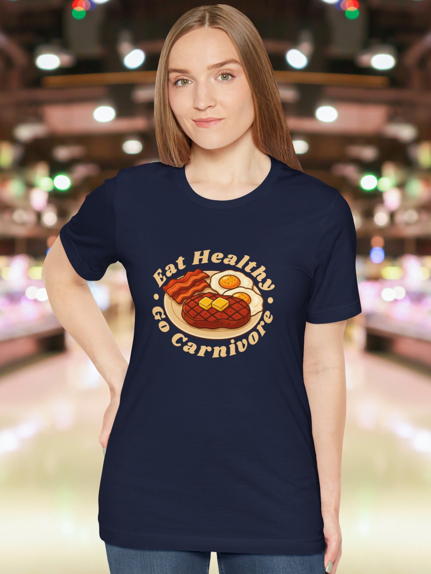 'Eat Healthy, Go Carnivore' Beef, Butter, Bacon and Eggs Graphic Unisex T-Shirt, Carnivore Diet Apparel, Health and Wellness