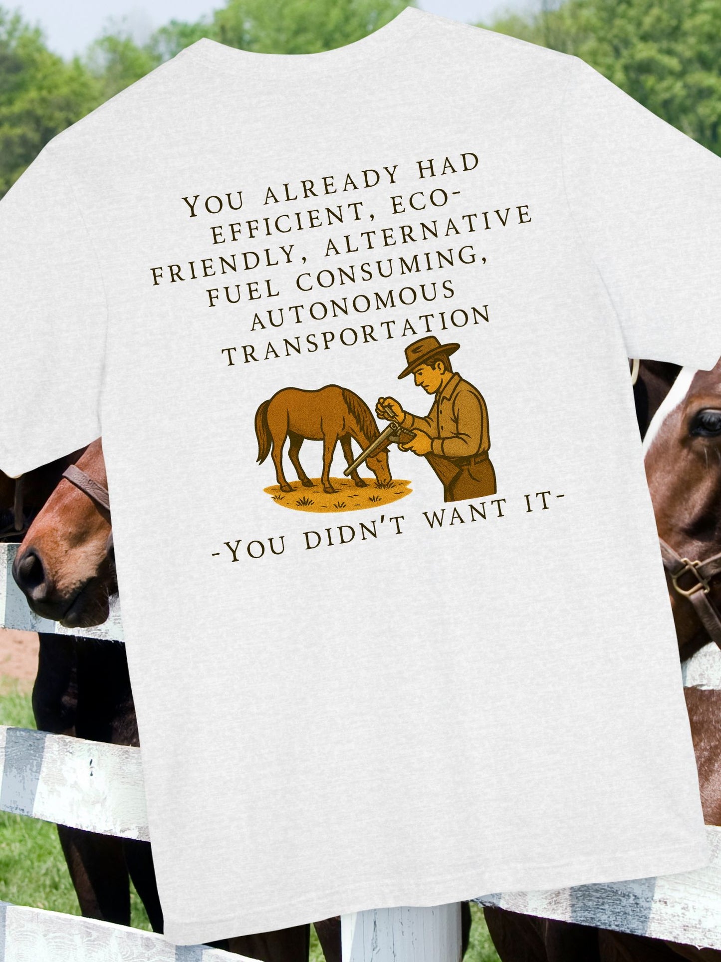 Eco-Friendly Humor Tee, Unisex Jersey Shirt, Gift for EV Lovers, Horse Lovers Apparel, Alternative Transportation