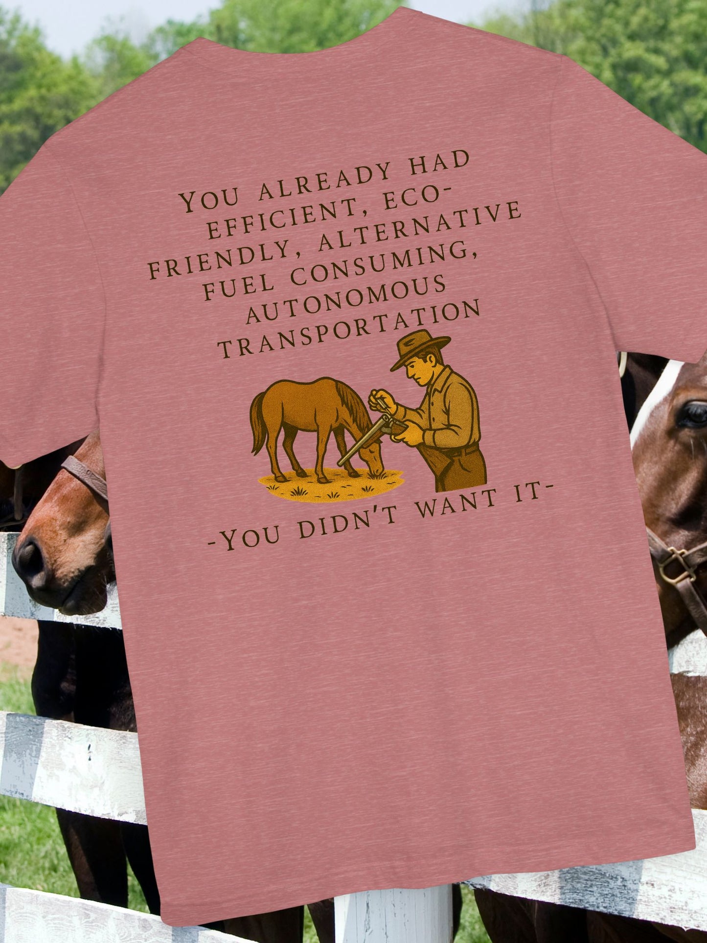 Eco-Friendly Humor Tee, Unisex Jersey Shirt, Gift for EV Lovers, Horse Lovers Apparel, Alternative Transportation