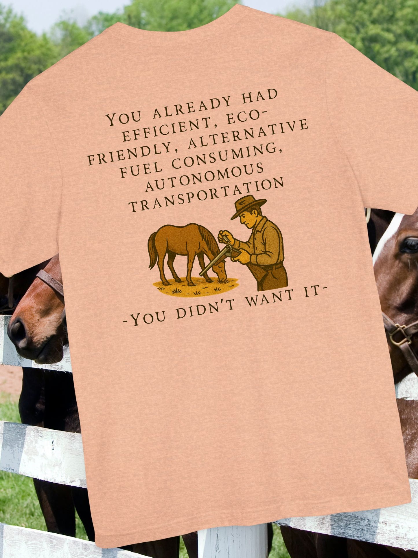 Eco-Friendly Humor Tee, Unisex Jersey Shirt, Gift for EV Lovers, Horse Lovers Apparel, Alternative Transportation
