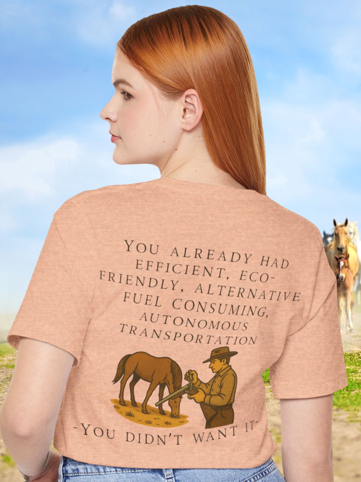 Eco-Friendly Humor Tee, Unisex Jersey Shirt, Gift for EV Lovers, Horse Lovers Apparel, Alternative Transportation