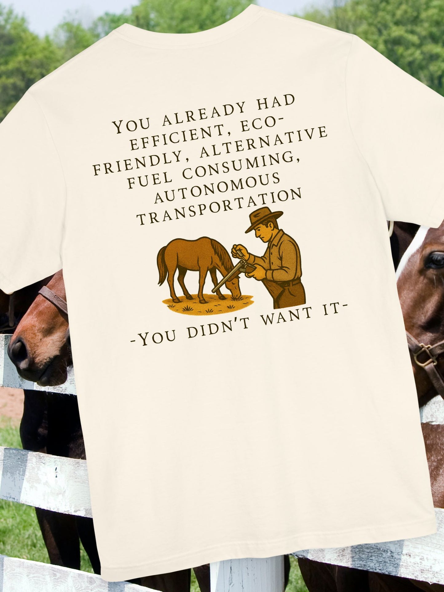 Eco-Friendly Humor Tee, Unisex Jersey Shirt, Gift for EV Lovers, Horse Lovers Apparel, Alternative Transportation