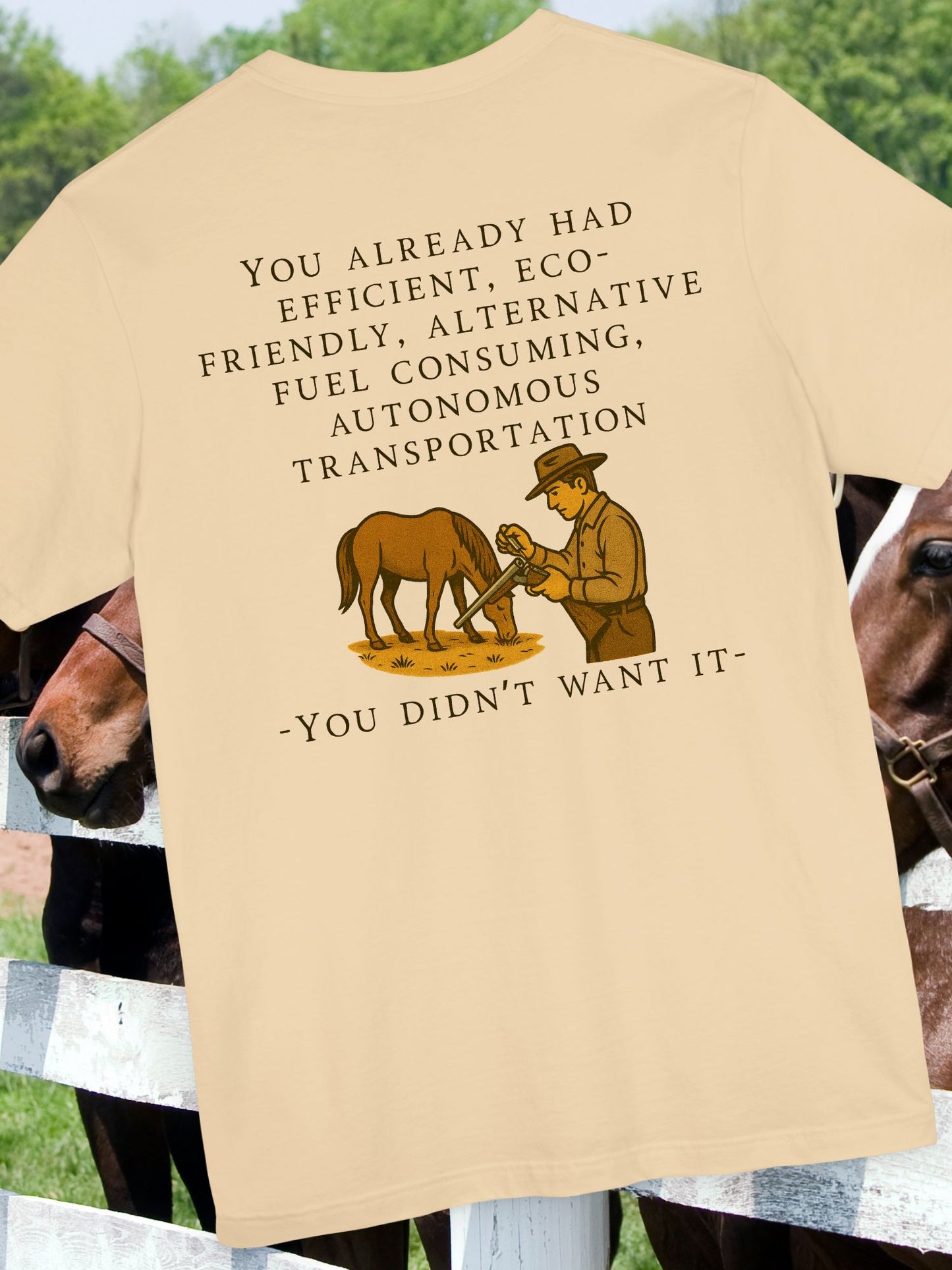 Eco-Friendly Humor Tee, Unisex Jersey Shirt, Gift for EV Lovers, Horse Lovers Apparel, Alternative Transportation