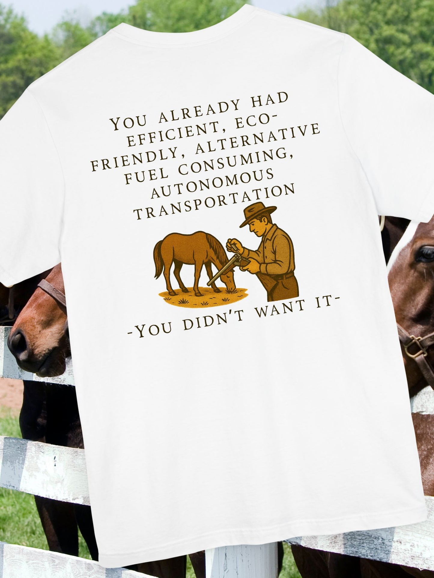Eco-Friendly Humor Tee, Unisex Jersey Shirt, Gift for EV Lovers, Horse Lovers Apparel, Alternative Transportation