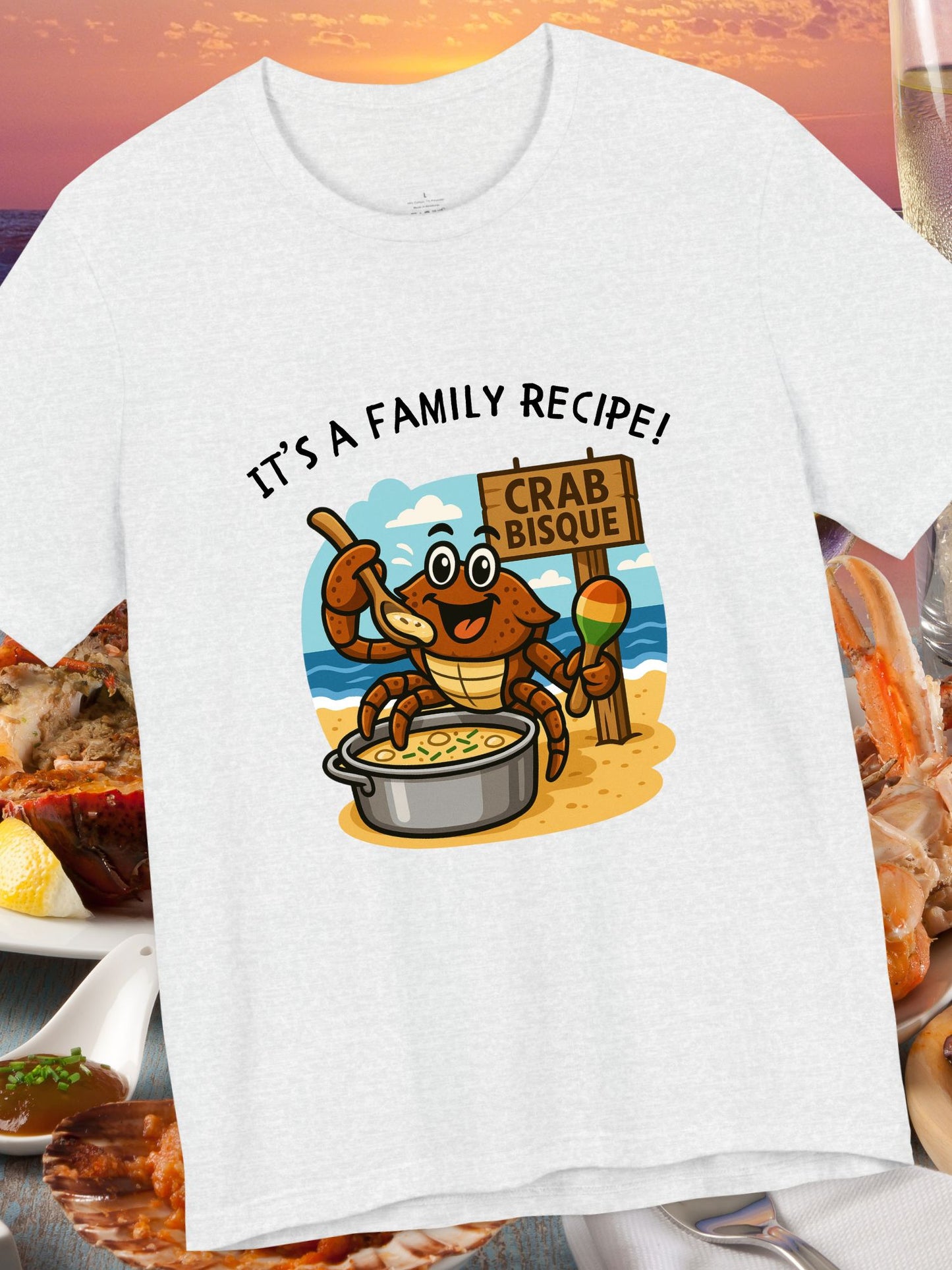 'It's a Family Recipe!' Coconut Crabby Twisted Crab Bisque Graphic Unisex T-Shirt, Funny Seafood Shirt, Cooking Gift, Foodie T-Shirt, Summer Apparel, Beach Lover Gift