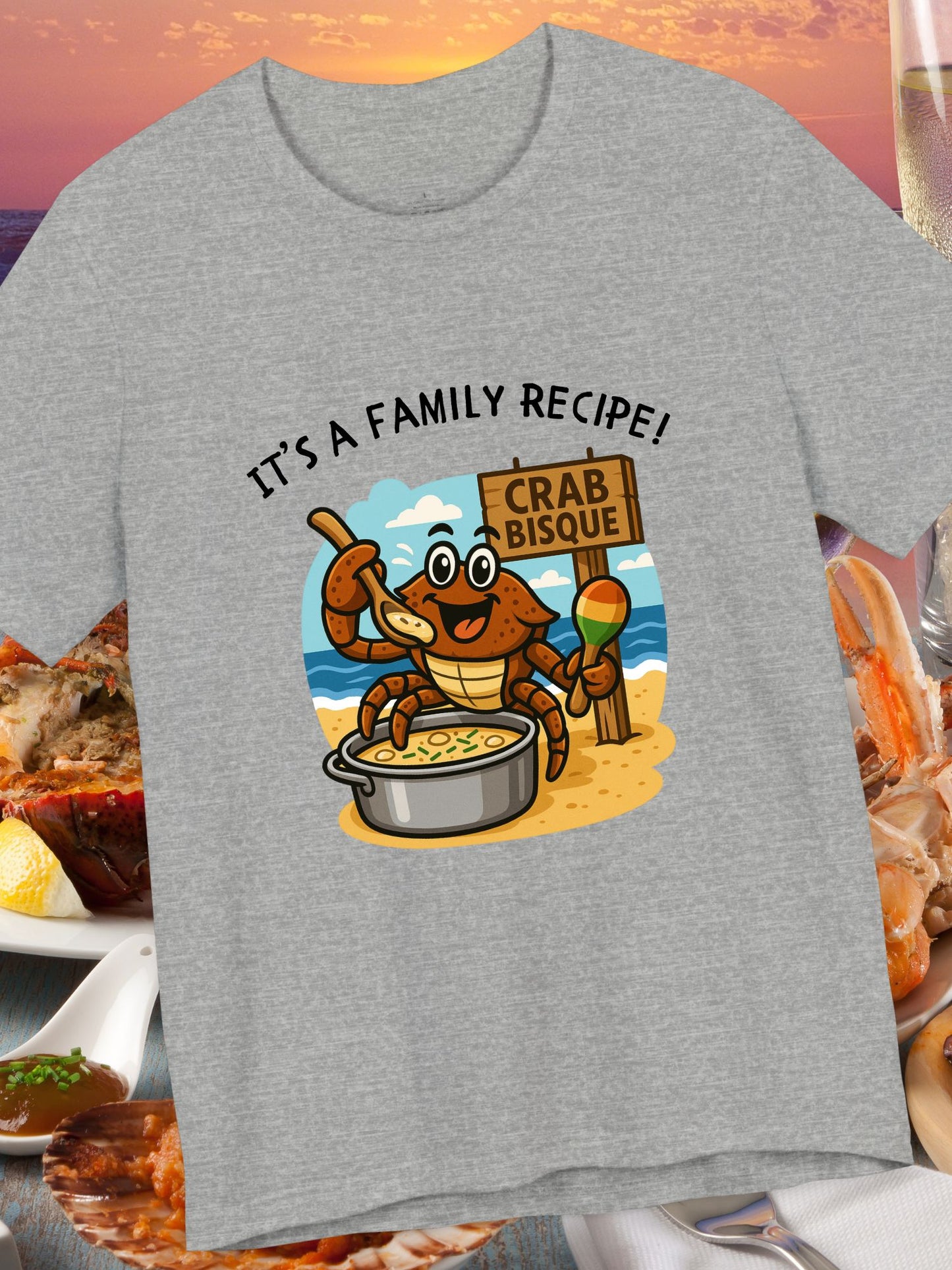 'It's a Family Recipe!' Coconut Crabby Twisted Crab Bisque Graphic Unisex T-Shirt, Funny Seafood Shirt, Cooking Gift, Foodie T-Shirt, Summer Apparel, Beach Lover Gift