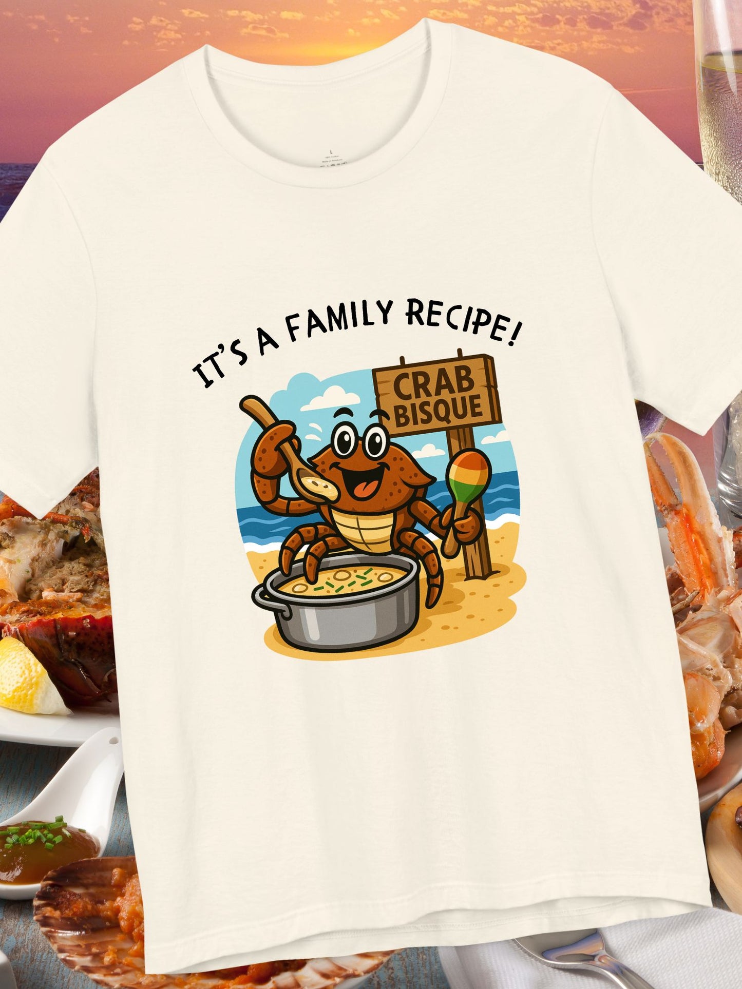 'It's a Family Recipe!' Coconut Crabby Twisted Crab Bisque Graphic Unisex T-Shirt, Funny Seafood Shirt, Cooking Gift, Foodie T-Shirt, Summer Apparel, Beach Lover Gift