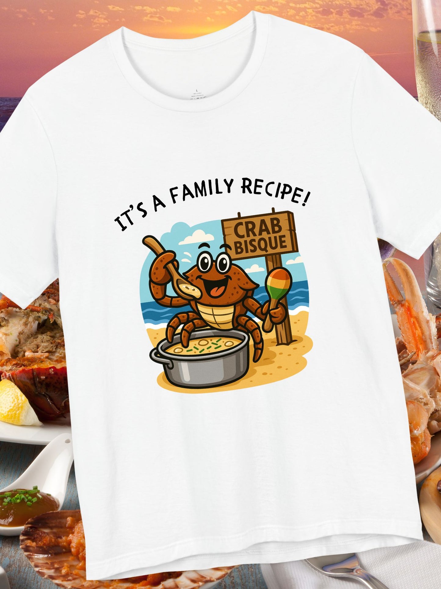 'It's a Family Recipe!' Coconut Crabby Twisted Crab Bisque Graphic Unisex T-Shirt, Funny Seafood Shirt, Cooking Gift, Foodie T-Shirt, Summer Apparel, Beach Lover Gift