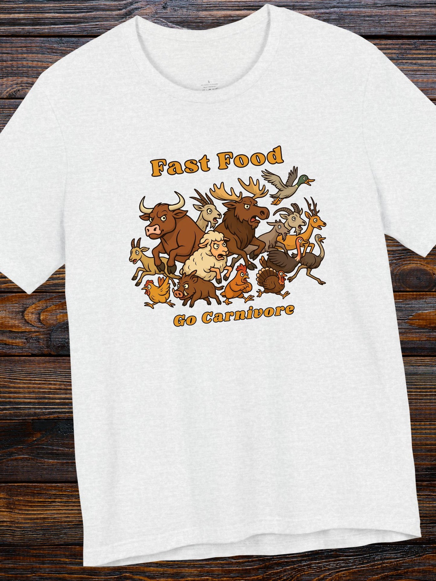 'Fast Food, Go Carnivore' Animal Stampede Graphic Unisex T-Shirt, Carnivore Diet Apparel, Hunting Tee, Health and Wellness