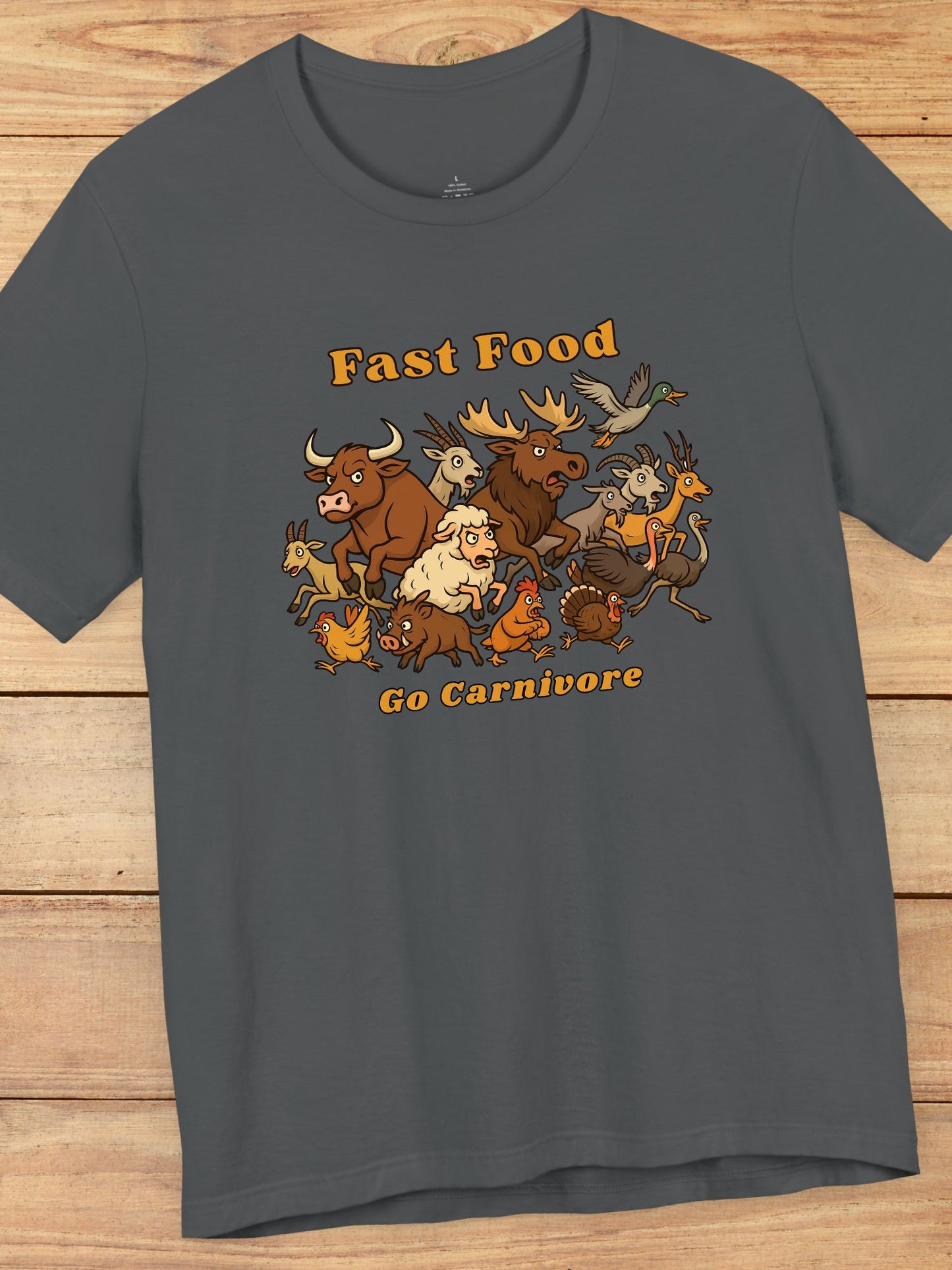 'Fast Food, Go Carnivore' Animal Stampede Graphic Unisex T-Shirt, Carnivore Diet Apparel, Hunting Tee, Health and Wellness