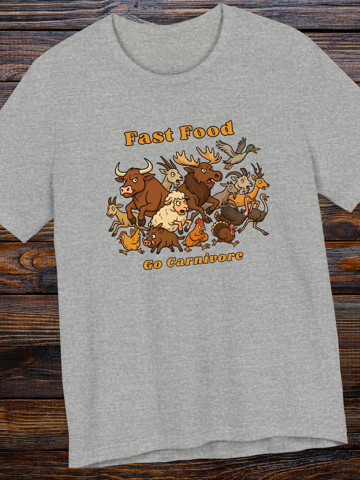 'Fast Food, Go Carnivore' Animal Stampede Graphic Unisex T-Shirt, Carnivore Diet Apparel, Hunting Tee, Health and Wellness