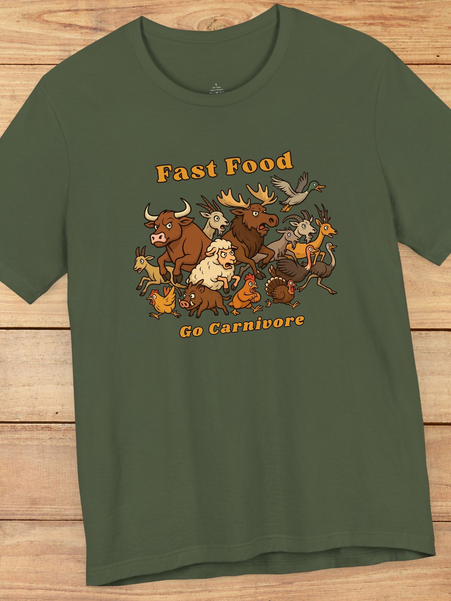 'Fast Food, Go Carnivore' Animal Stampede Graphic Unisex T-Shirt, Carnivore Diet Apparel, Hunting Tee, Health and Wellness