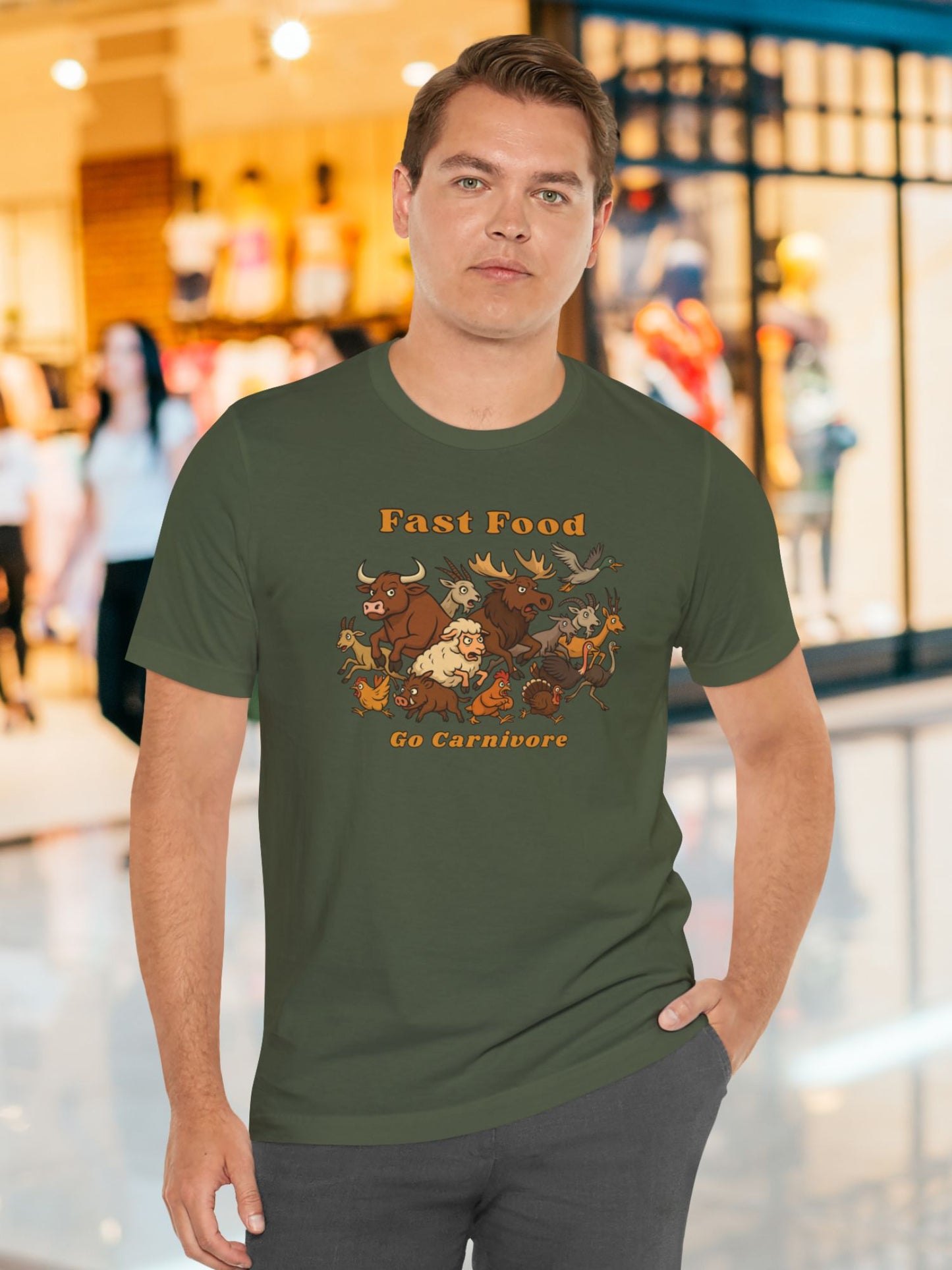 'Fast Food, Go Carnivore' Animal Stampede Graphic Unisex T-Shirt, Carnivore Diet Apparel, Hunting Tee, Health and Wellness