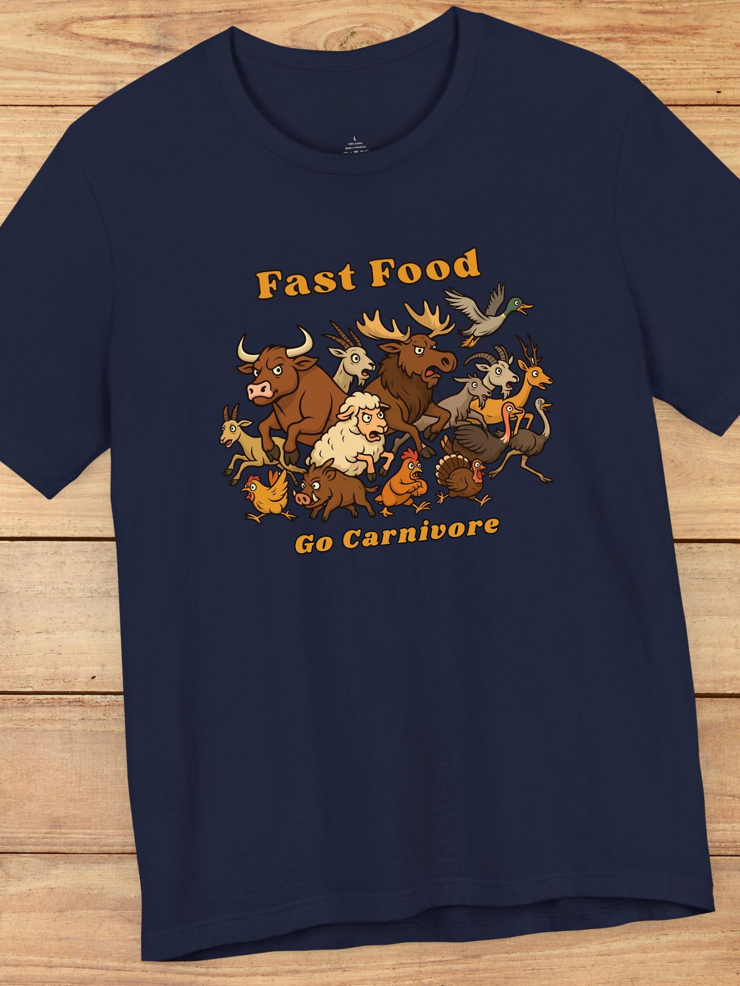 'Fast Food, Go Carnivore' Animal Stampede Graphic Unisex T-Shirt, Carnivore Diet Apparel, Hunting Tee, Health and Wellness