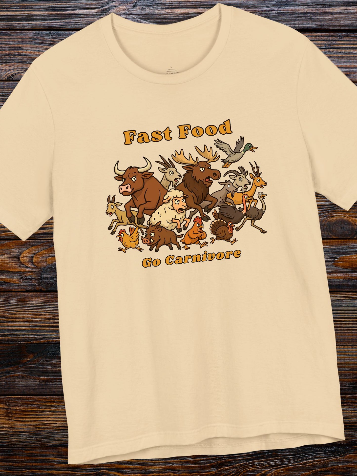 'Fast Food, Go Carnivore' Animal Stampede Graphic Unisex T-Shirt, Carnivore Diet Apparel, Hunting Tee, Health and Wellness