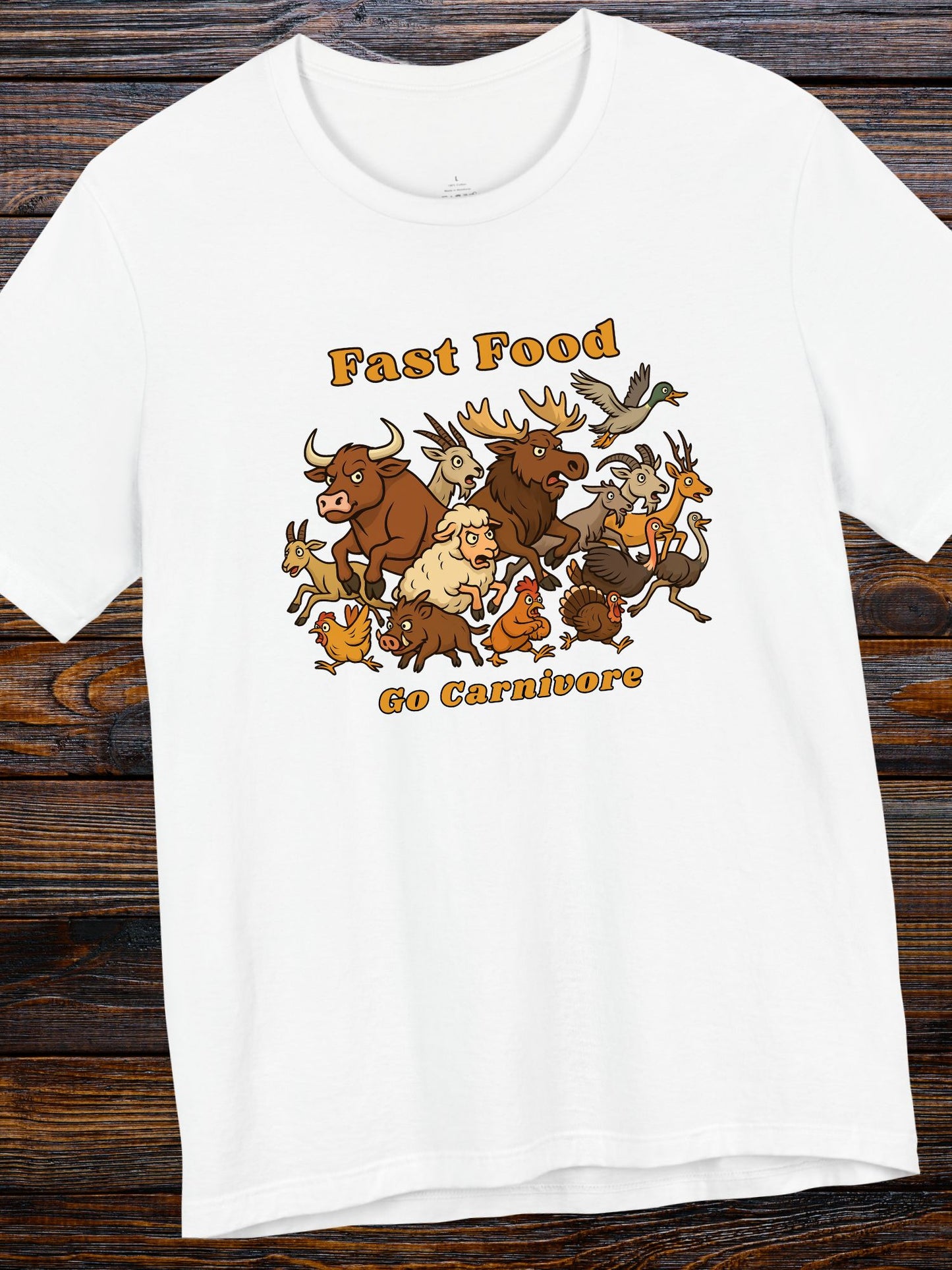 'Fast Food, Go Carnivore' Animal Stampede Graphic Unisex T-Shirt, Carnivore Diet Apparel, Hunting Tee, Health and Wellness
