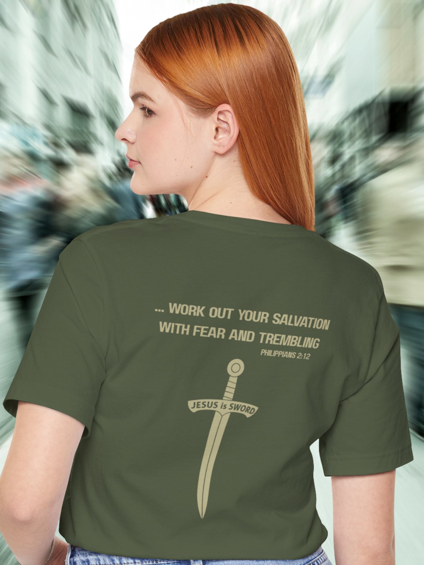 '... work out your salvation with fear and trembling, Philippians 2:12, JESUS is SWORD' Sword Graphic Unisex T-Shirt, Christian Apparel, Jesus Tee, Bible Verse