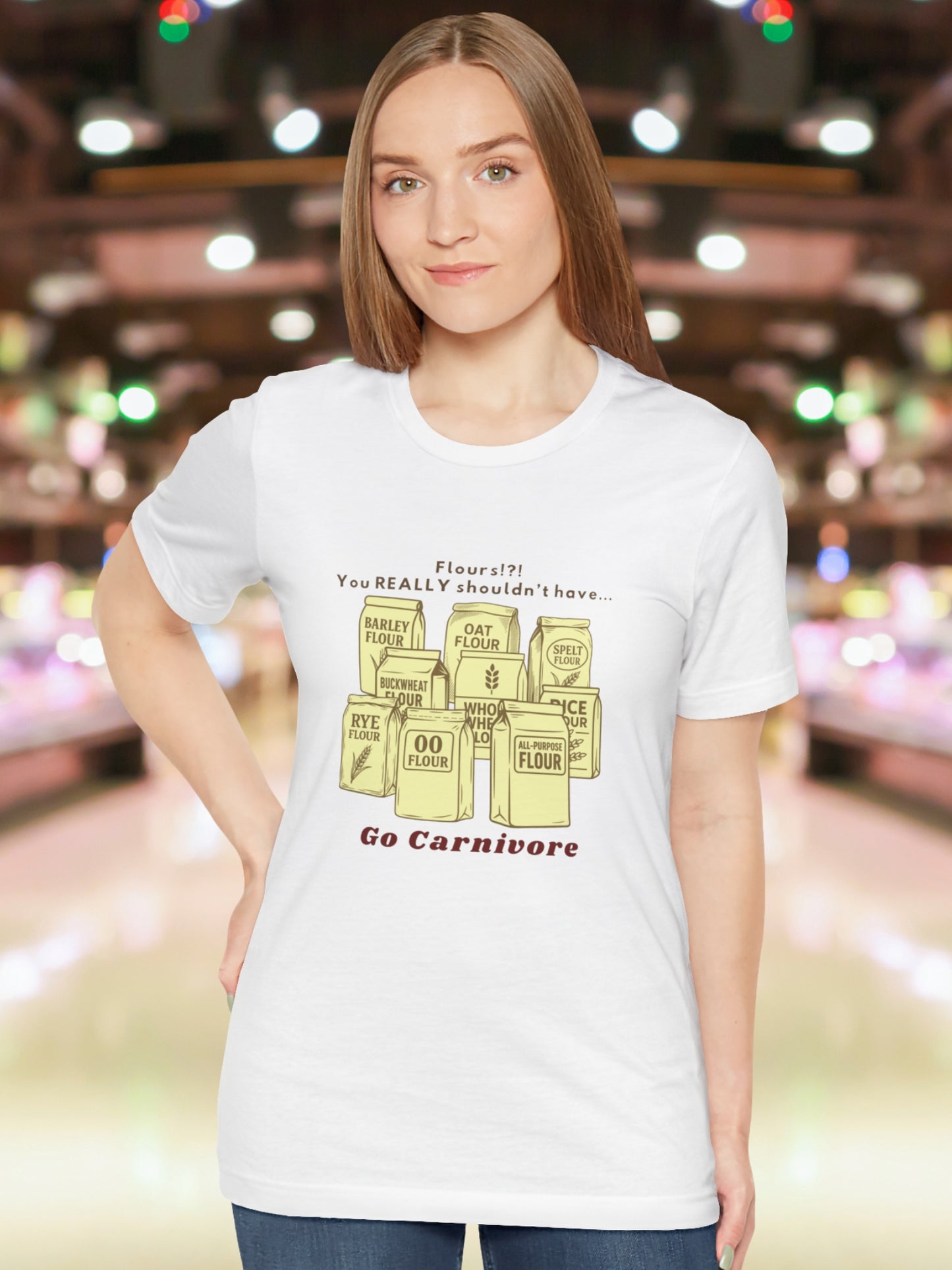 'Flours!?! You REALLY shouldn’t have..., Go Carnivore' Bags of Flour Graphic Unisex T-Shirt, Carnivore Diet Apparel, Health and Wellness, Anti-Flour, Humorous