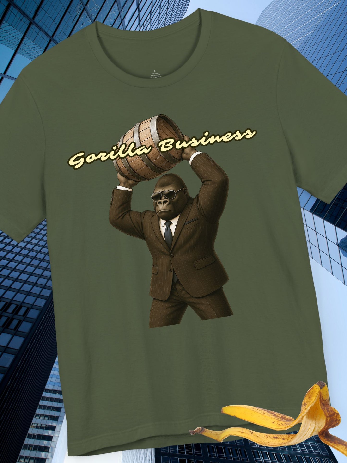 'Gorilla Business' with Graphic Unisex Cotton Tee - Shirt for Kong Lovers, Barrel Throwing Gorilla Tee
