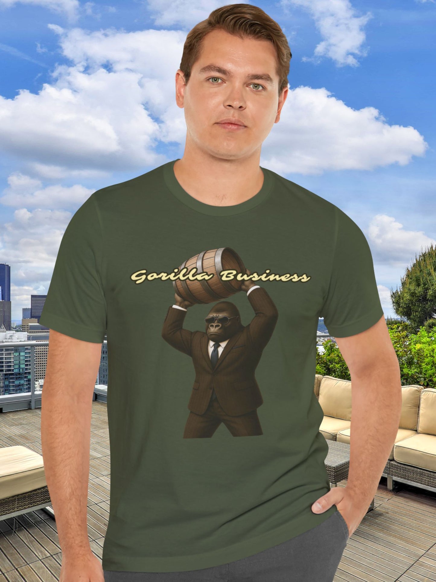 'Gorilla Business' with Graphic Unisex Cotton Tee - Shirt for Kong Lovers, Barrel Throwing Gorilla Tee