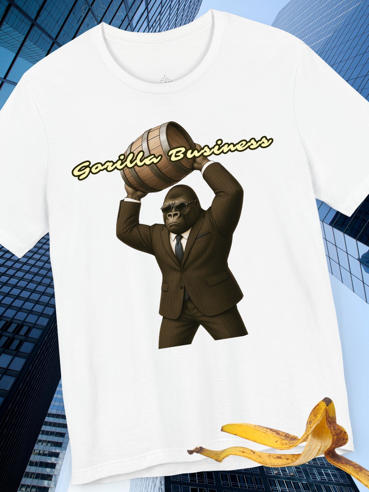 'Gorilla Business' with Graphic Unisex Cotton Tee - Shirt for Kong Lovers, Barrel Throwing Gorilla Tee