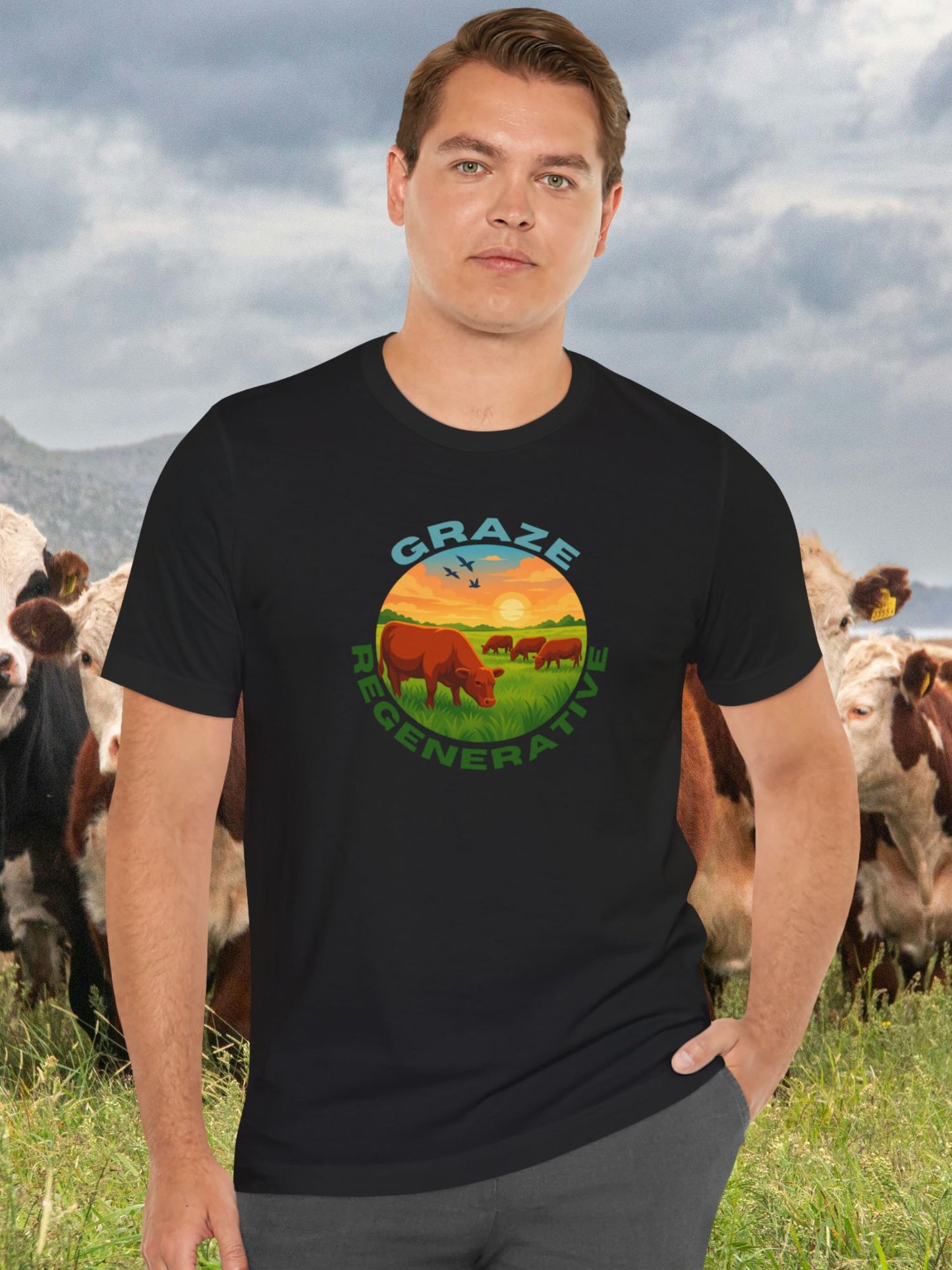 'Graze Regenerative' Cattle Grazing Graphic Unisex T-Shirt, Regenerative Agriculture, Environmental and Animal Welfare Tee, Farming Ranching Apparel