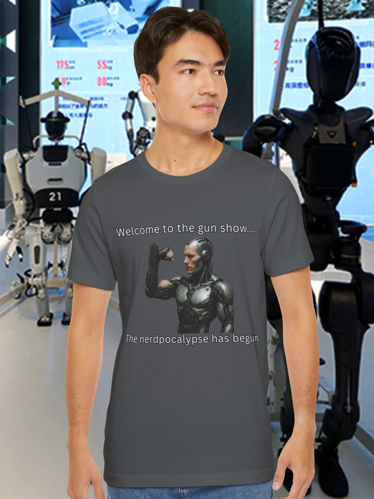 'Welcome to the Gun Show, The Nerdpocalypse Has Begun' Cyborg with Gun Arm Graphic Unisex T-Shirt