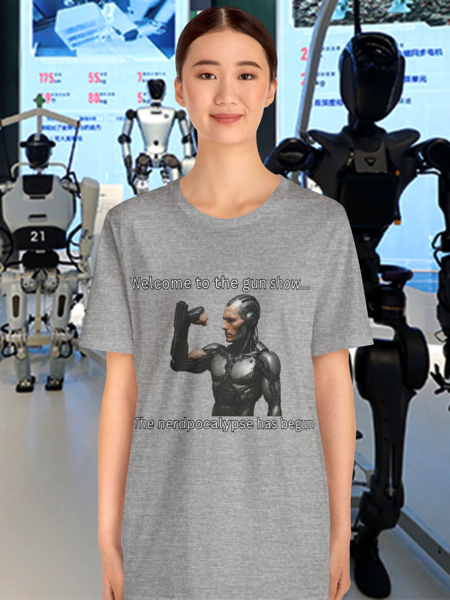 'Welcome to the Gun Show, The Nerdpocalypse Has Begun' Cyborg with Gun Arm Graphic Unisex T-Shirt