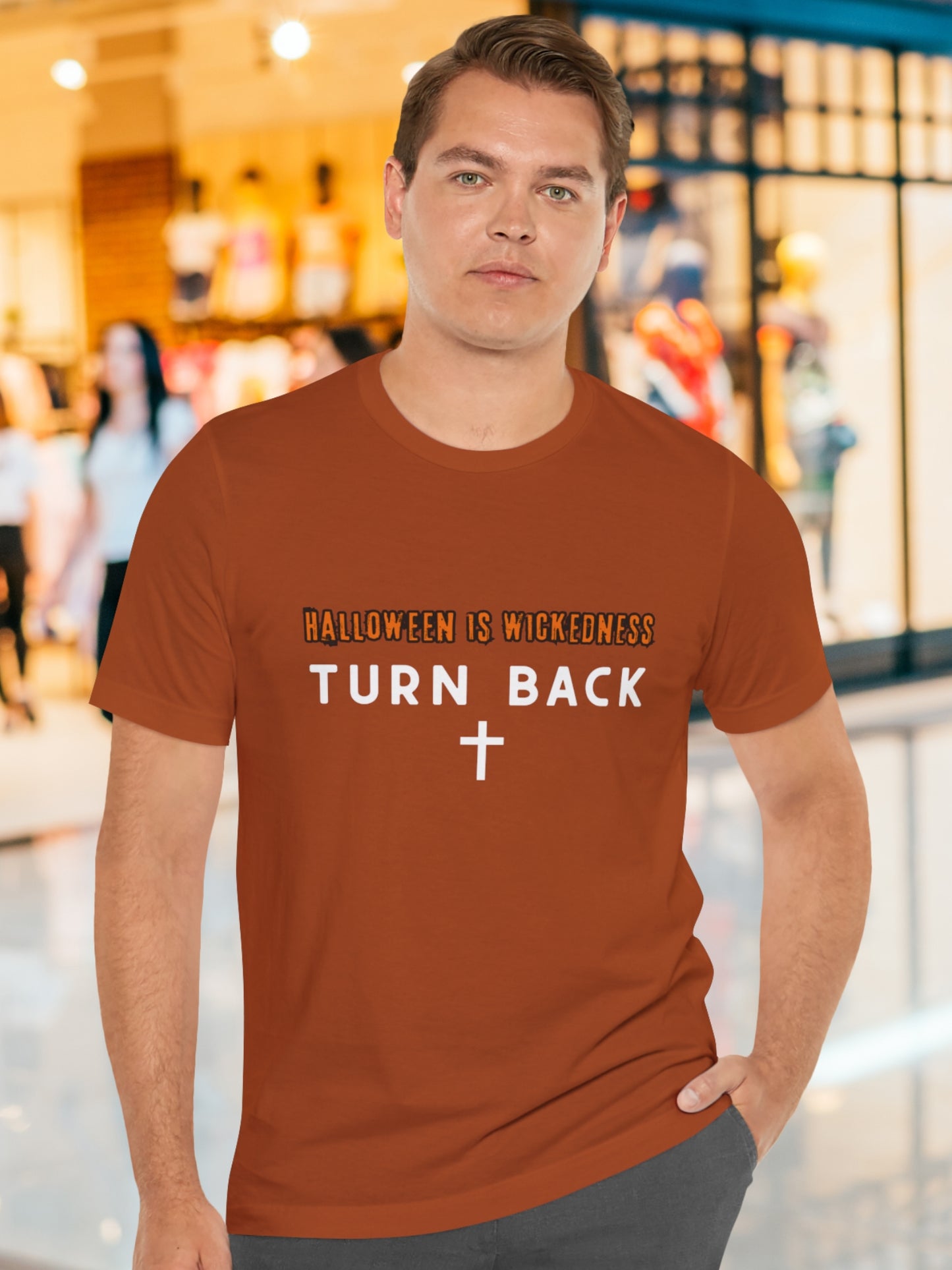 'Halloween Is Wickedness, TURN BACK' Cross Graphic Unisex T-Shirt, Holiday Tee, Anti-Halloween, Christian Apparel