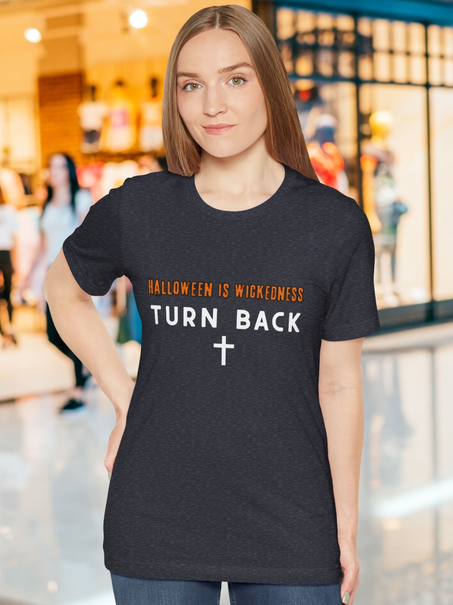 'Halloween Is Wickedness, TURN BACK' Cross Graphic Unisex T-Shirt, Holiday Tee, Anti-Halloween, Christian Apparel