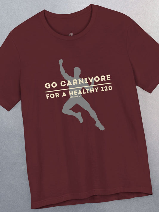 'Go Carnivore, For a Healthy 120, Genesis 6:3' Unisex T-Shirt (Men's Version), Christian Carnivore Diet Tee