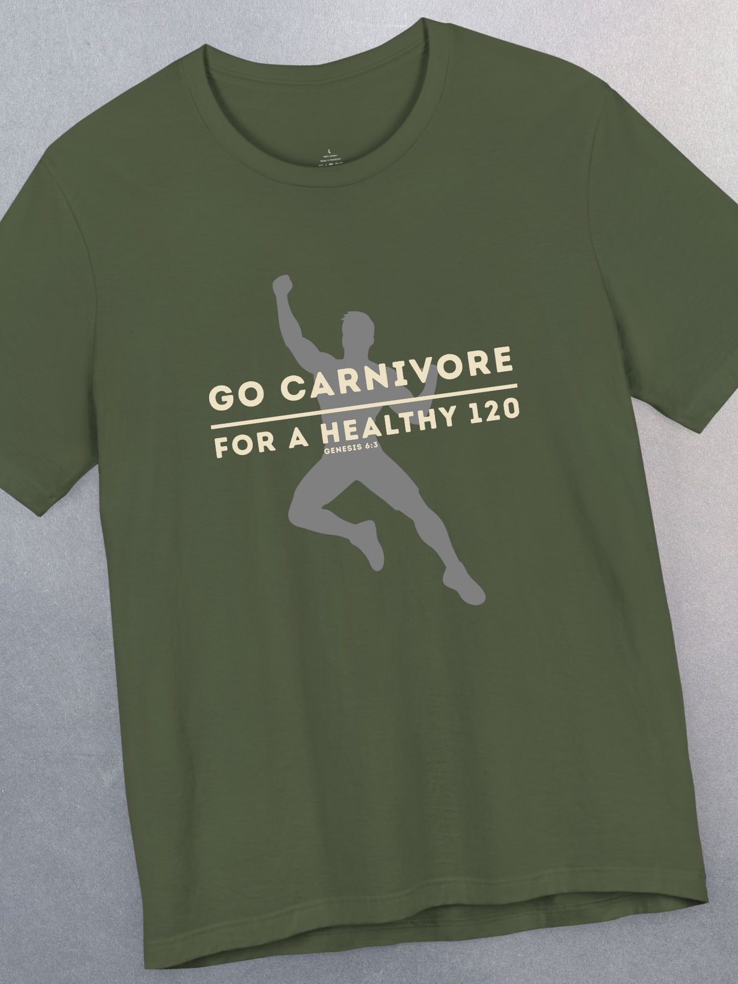 'Go Carnivore, For a Healthy 120, Genesis 6:3' Unisex T-Shirt (Men's Version), Christian Carnivore Diet Tee