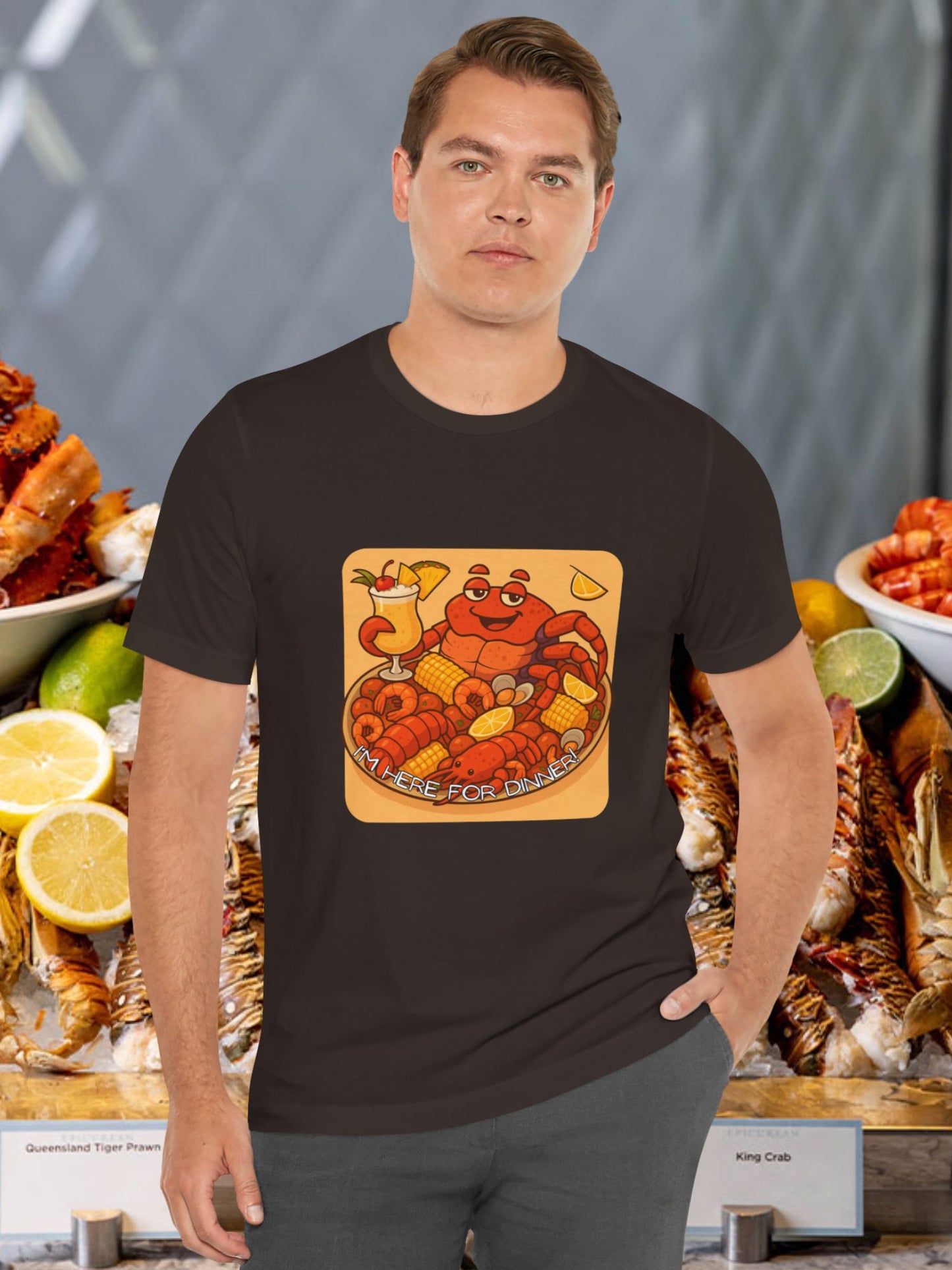 'I'm Here for Dinner!' Coconut Crabby on a Plater Graphic Unisex T-Shirt, Colorful Seafood Delight Tee, Fun T-Shirt, Summer Vibes Shirt, Seafood Enthusiast Gift, Vibrant Foodie Apparel