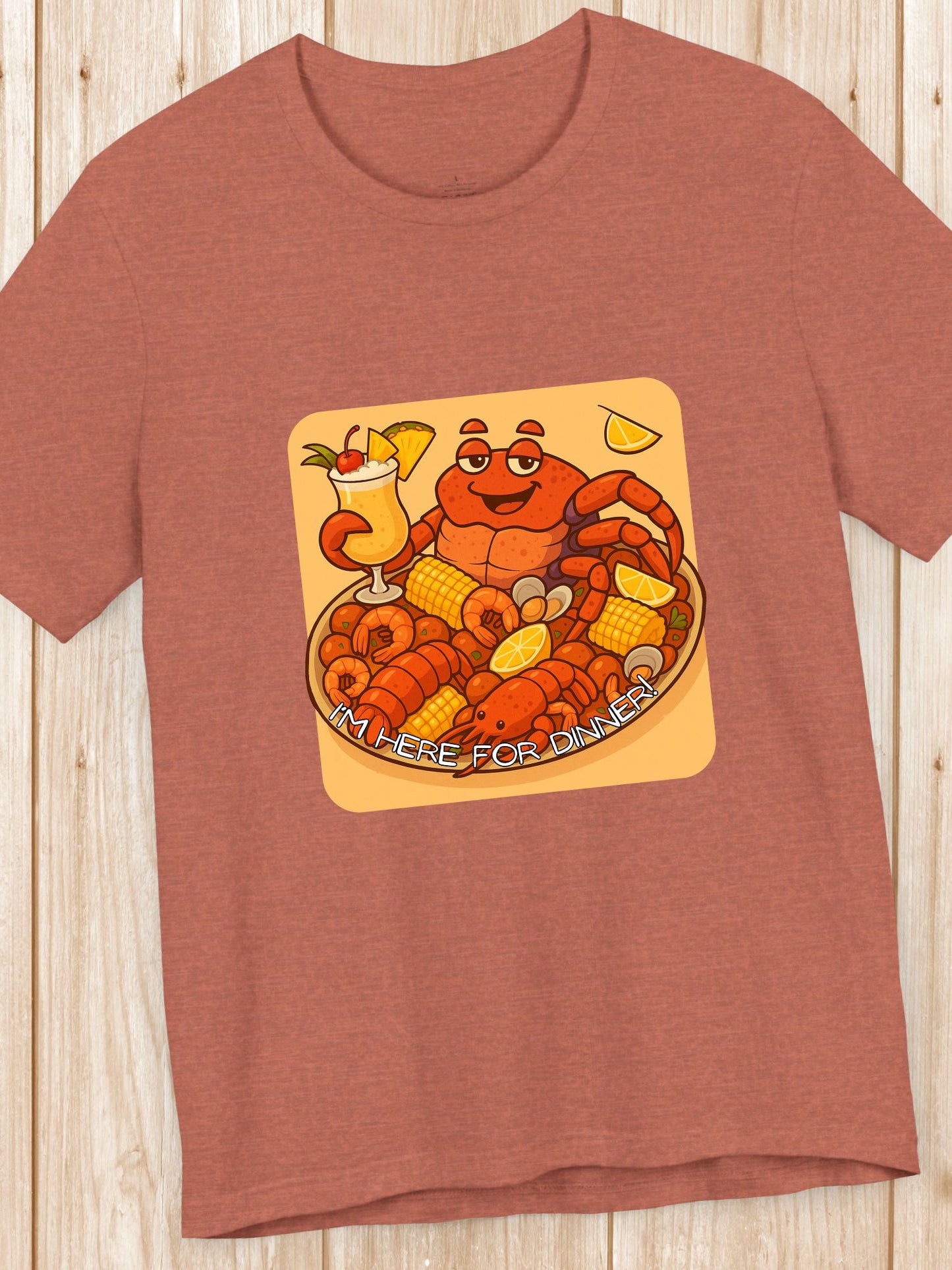 'I'm Here for Dinner!' Coconut Crabby on a Plater Graphic Unisex T-Shirt, Colorful Seafood Delight Tee, Fun T-Shirt, Summer Vibes Shirt, Seafood Enthusiast Gift, Vibrant Foodie Apparel