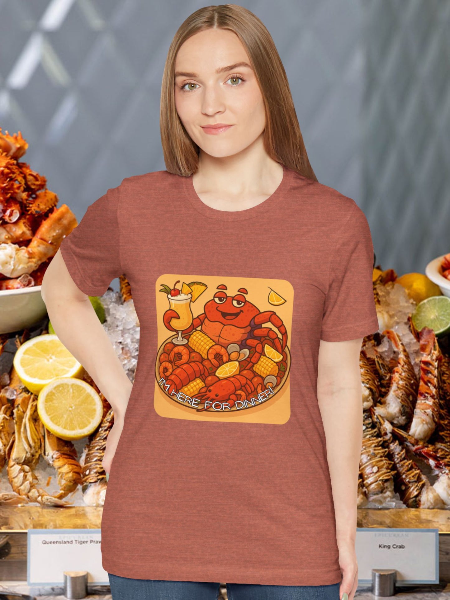 'I'm Here for Dinner!' Coconut Crabby on a Plater Graphic Unisex T-Shirt, Colorful Seafood Delight Tee, Fun T-Shirt, Summer Vibes Shirt, Seafood Enthusiast Gift, Vibrant Foodie Apparel
