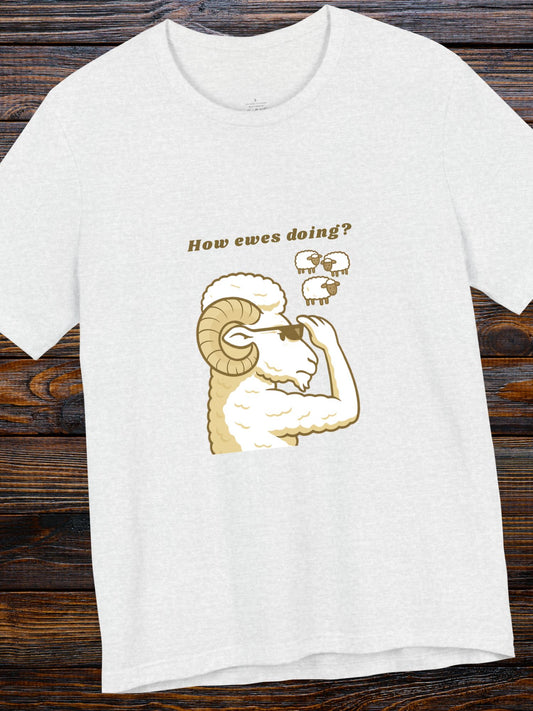 'How Ewes Doing?' Ram and Sheep Graphic Unisex T-Shirt, Gift funny sheep Tee, Casual Wear, Great for Parties