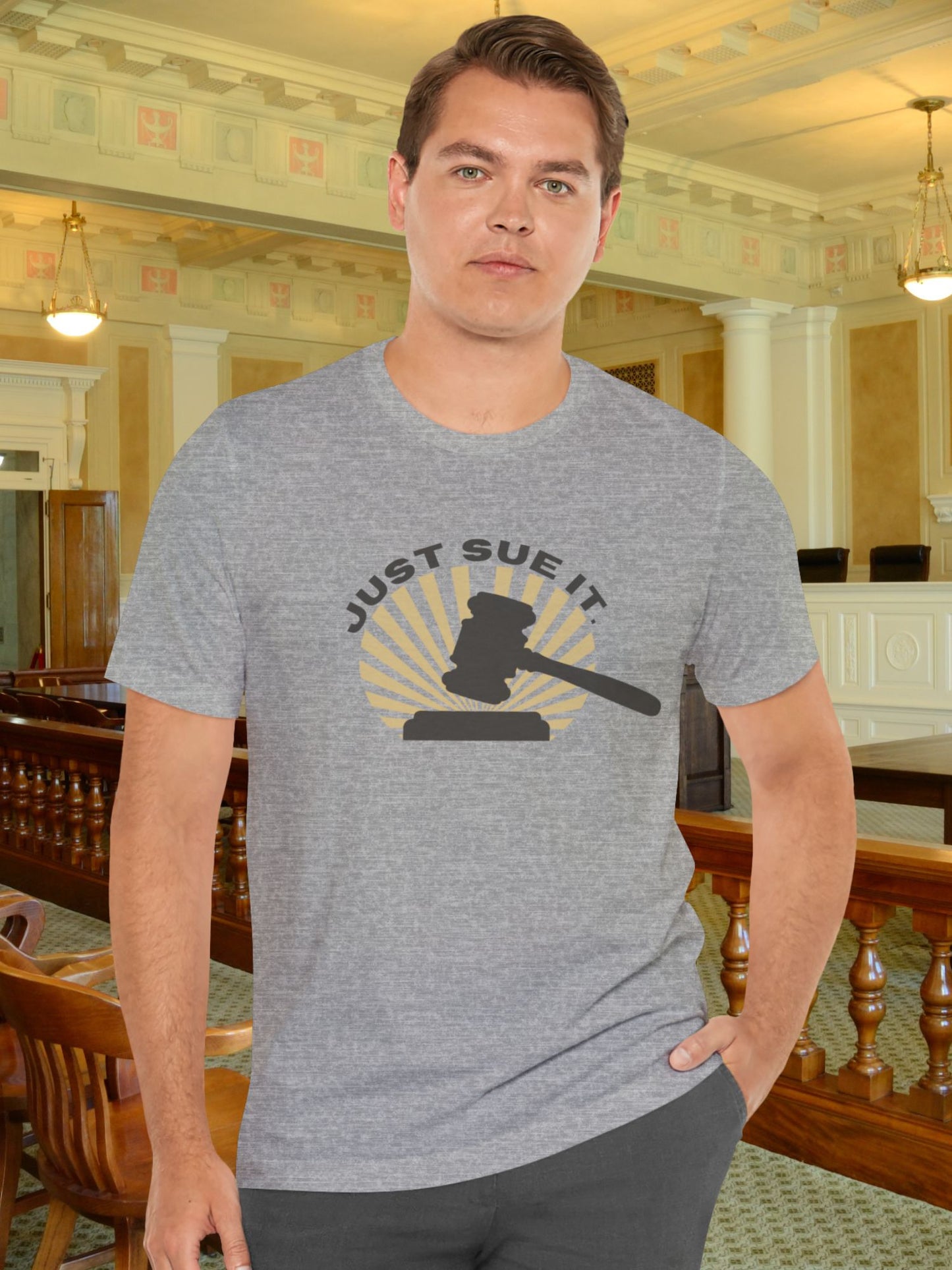 'Just Sue It.' Gavel Graphic Unisex T-Shirt, Law Humor T-Shirt, Gift for Lawyers, Legal Apparel, Courtroom Style, Funny Lawyer Gift