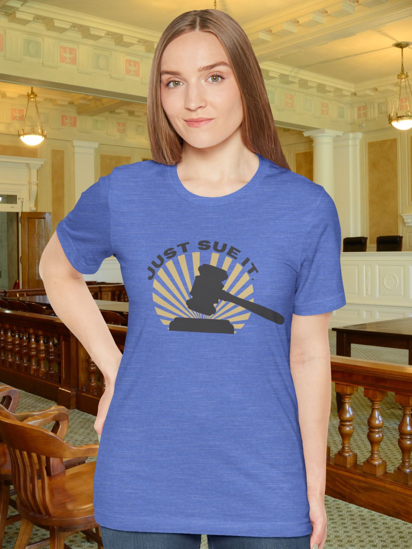 'Just Sue It.' Gavel Graphic Unisex T-Shirt, Law Humor T-Shirt, Gift for Lawyers, Legal Apparel, Courtroom Style, Funny Lawyer Gift