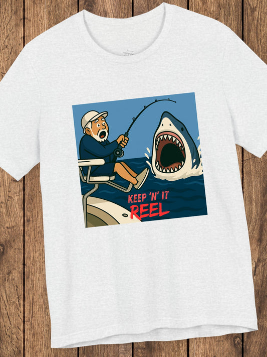 'Keep ‘N’ It Reel' Shark Fisherman Graphic Unisex T-Shirt, Fishing Apparel