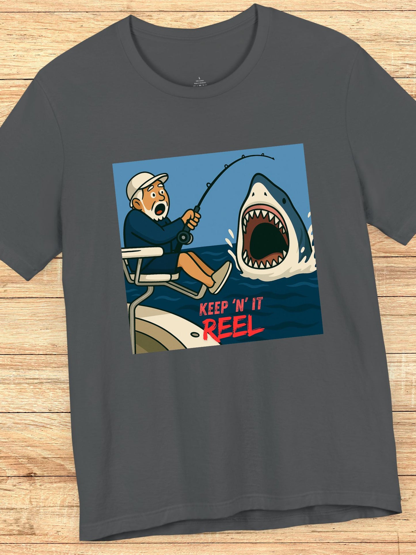 'Keep ‘N’ It Reel' Shark Fisherman Graphic Unisex T-Shirt, Fishing Apparel