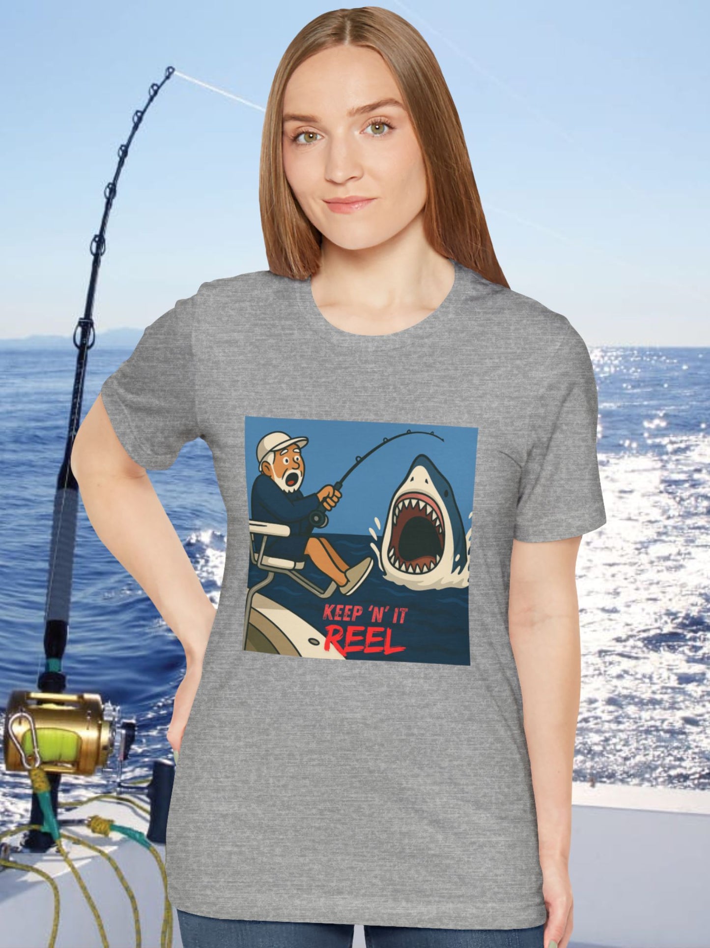 'Keep ‘N’ It Reel' Shark Fisherman Graphic Unisex T-Shirt, Fishing Apparel
