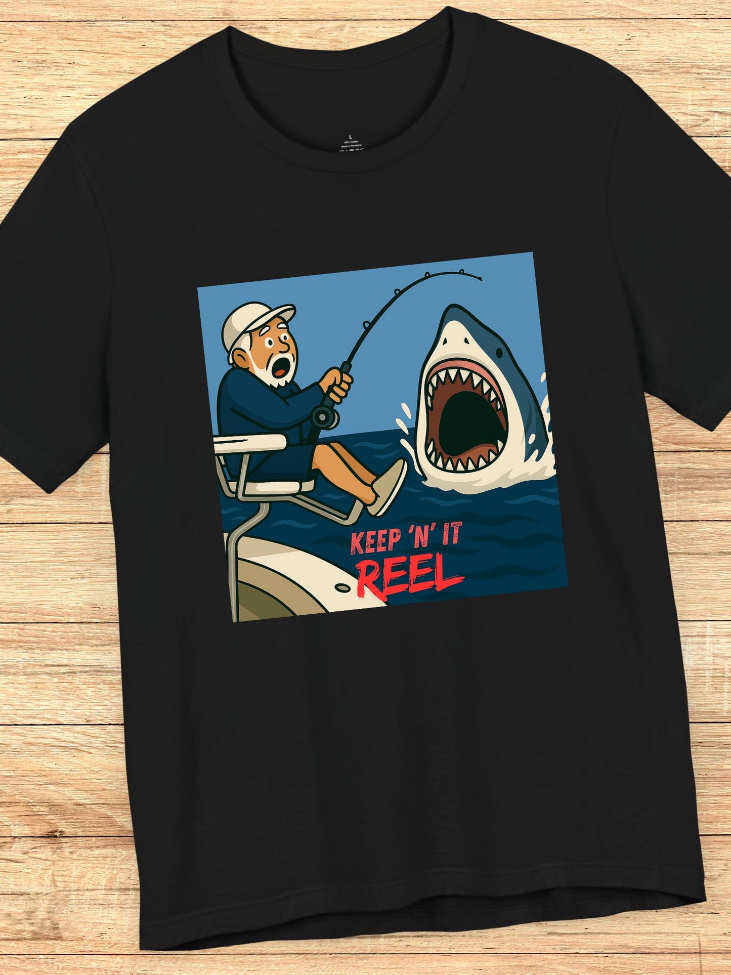 'Keep ‘N’ It Reel' Shark Fisherman Graphic Unisex T-Shirt, Fishing Apparel