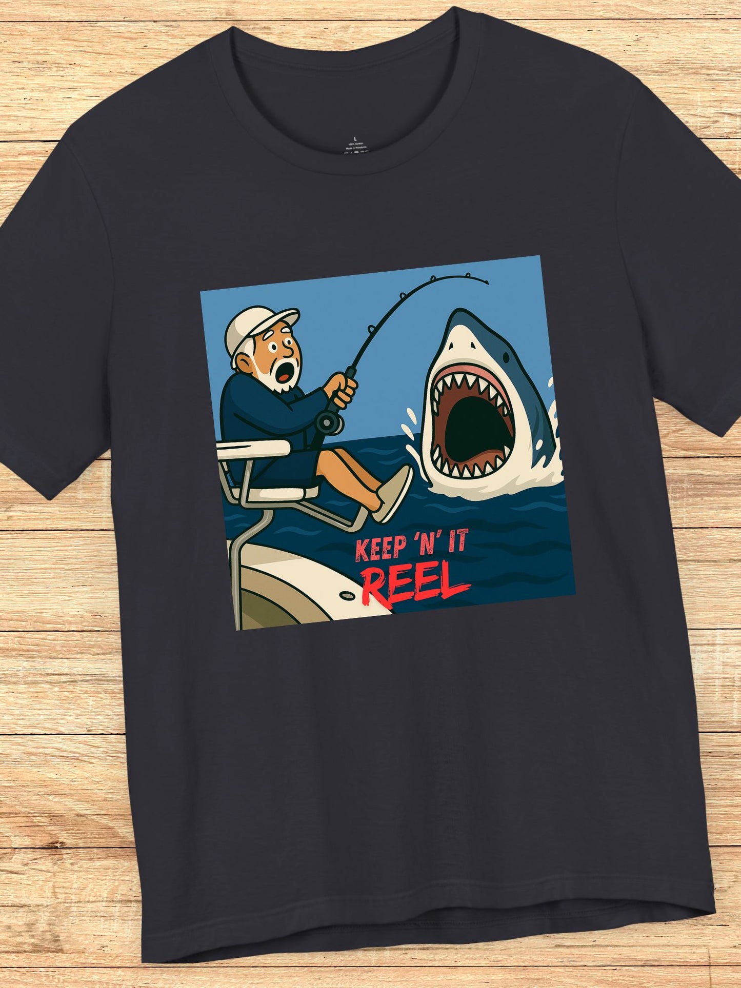 'Keep ‘N’ It Reel' Shark Fisherman Graphic Unisex T-Shirt, Fishing Apparel