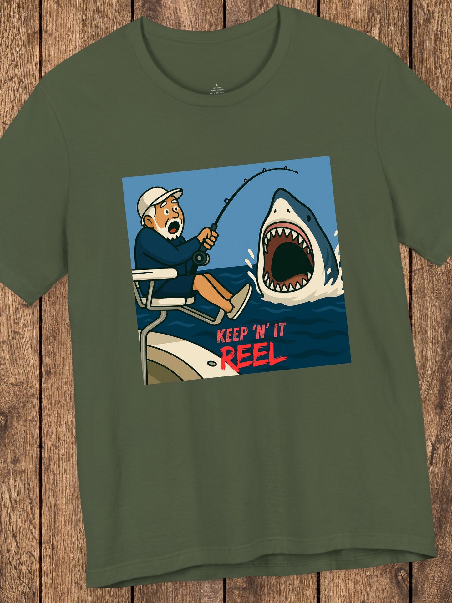 'Keep ‘N’ It Reel' Shark Fisherman Graphic Unisex T-Shirt, Fishing Apparel
