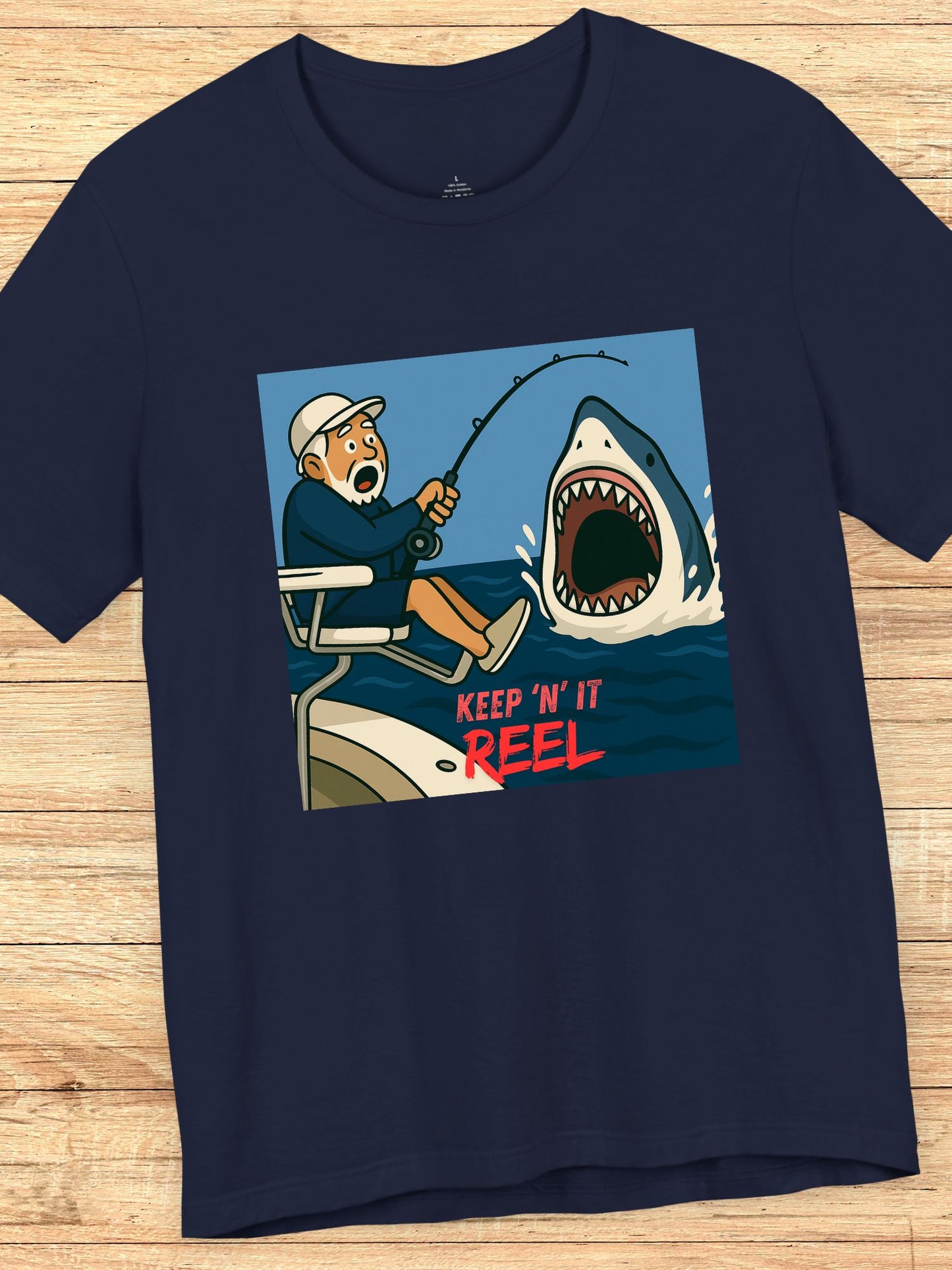 'Keep ‘N’ It Reel' Shark Fisherman Graphic Unisex T-Shirt, Fishing Apparel