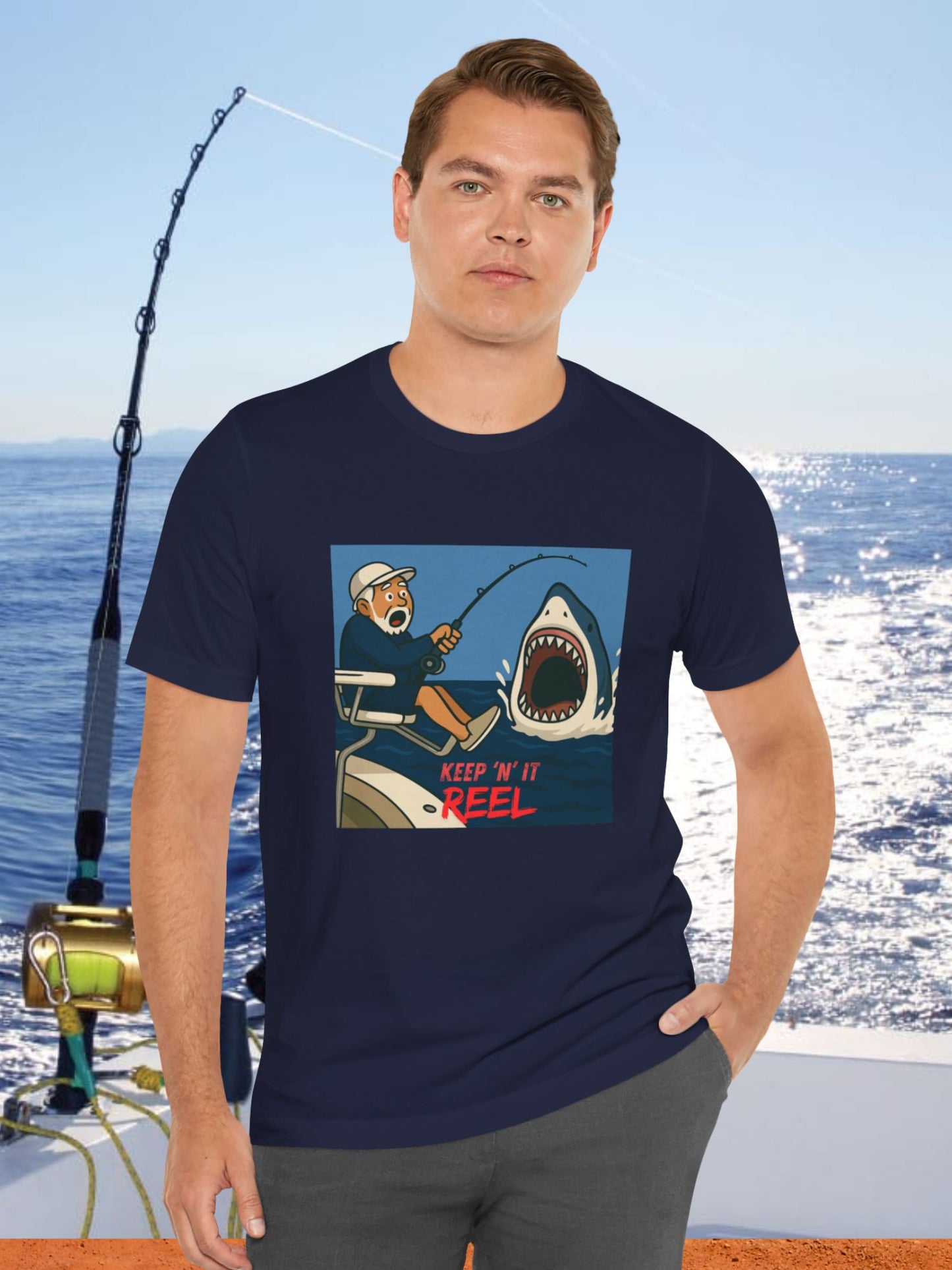 'Keep ‘N’ It Reel' Shark Fisherman Graphic Unisex T-Shirt, Fishing Apparel